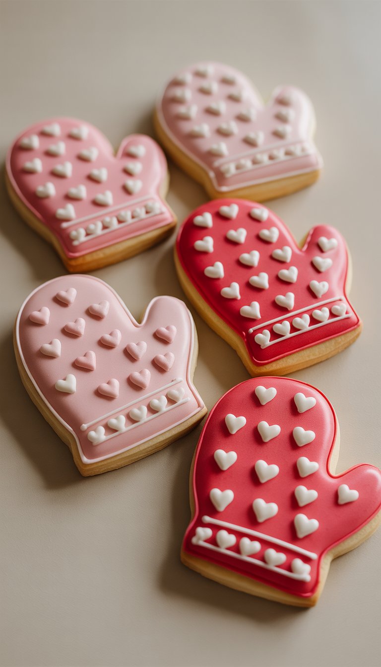 Close-up of several mitten-shaped sugar cookies decorated with tiny heart patterns on a clean background.