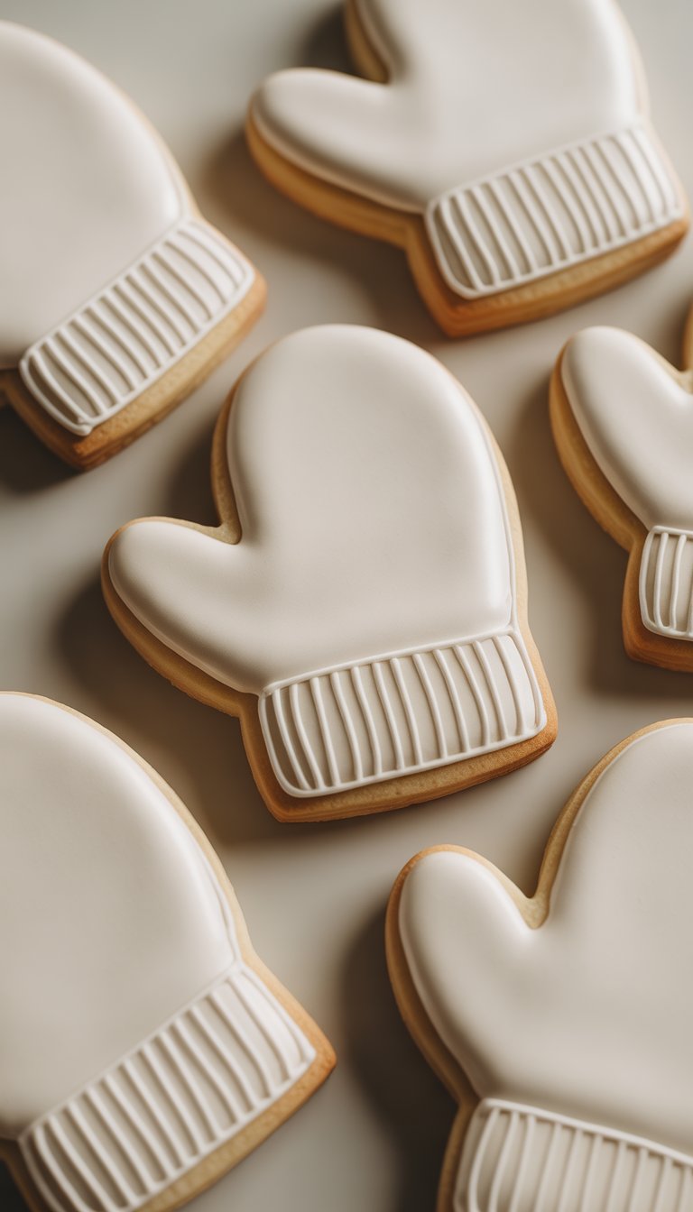 Close-up view of several mitten-shaped sugar cookies decorated with two-tone icing and detailed cuffs on a clean background.
