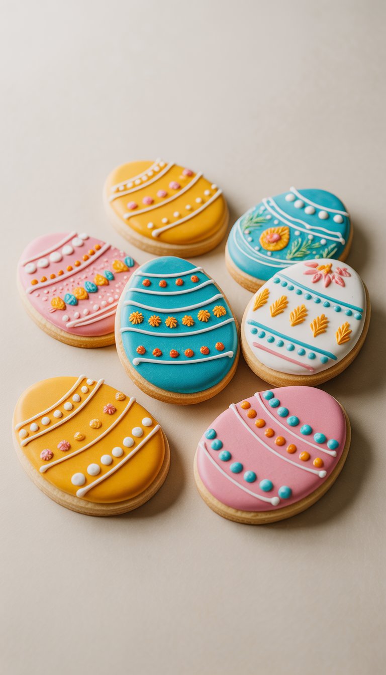 Closeup of several oval-shaped Easter egg sugar cookies decorated with colorful icing on a plain background.