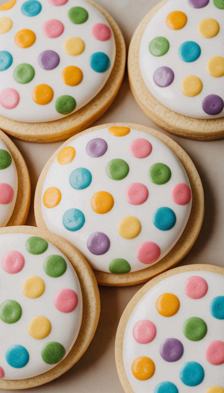 Closeup of several decorated sugar cookies with colorful polka dot icing on a neutral background.