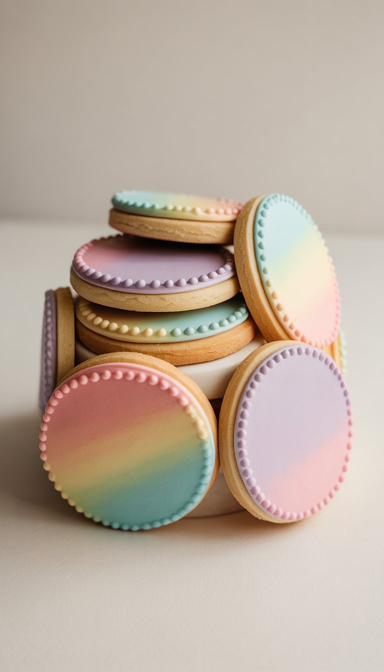 Close-up view of several pastel-colored layered sugar cookies with detailed icing on a clean background.
