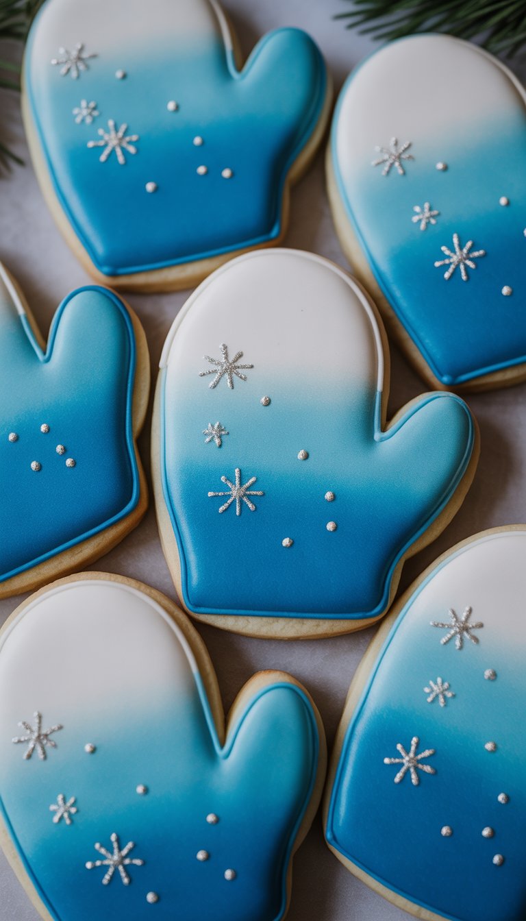 Closeup of several mitten-shaped sugar cookies decorated with blue ombre icing and silver star accents on a clean background.