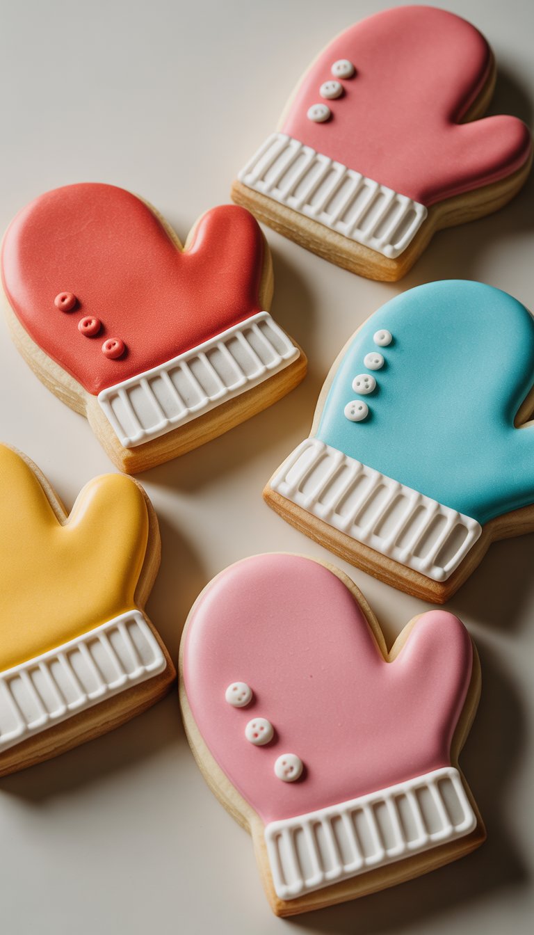 Close-up of several mitten-shaped sugar cookies decorated with icing buttons along the cuffs, arranged on a plain background.