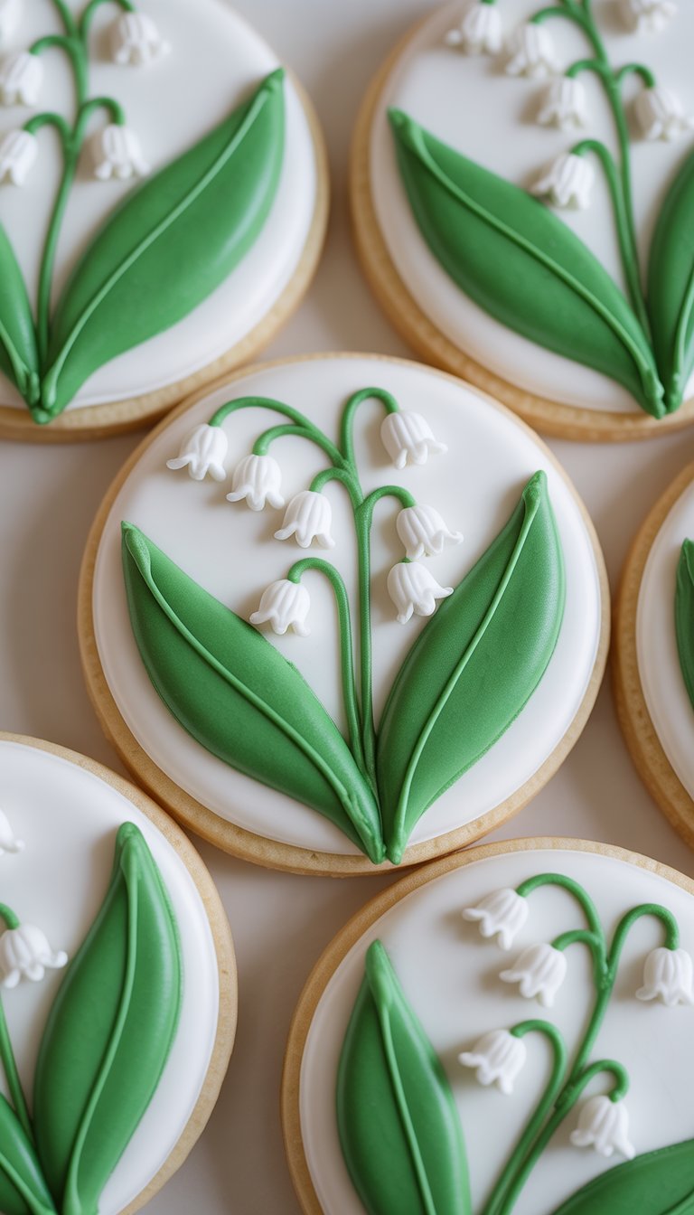 Close-up view of several sugar cookies decorated with white and green floral icing resembling Lily of the Valley flowers, arranged neatly on a plain background.