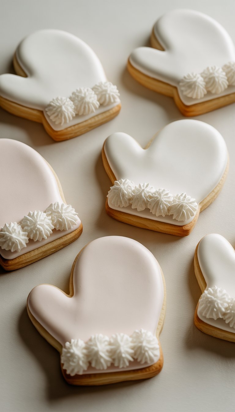 Closeup view of several mitten-shaped sugar cookies decorated with smooth icing and textured puff paint details on a plain background.