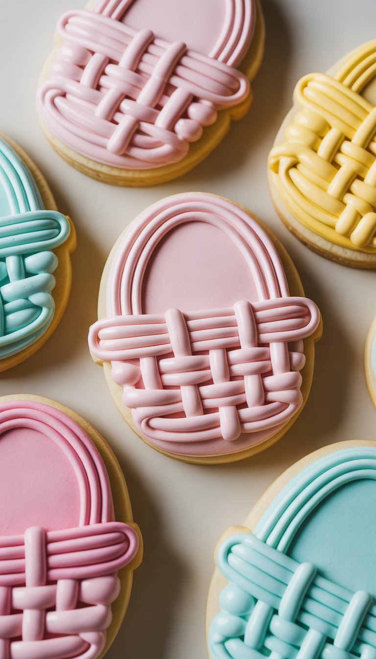 Close-up view of several decorated sugar cookies with intricate basket weave icing patterns arranged on a clean surface.