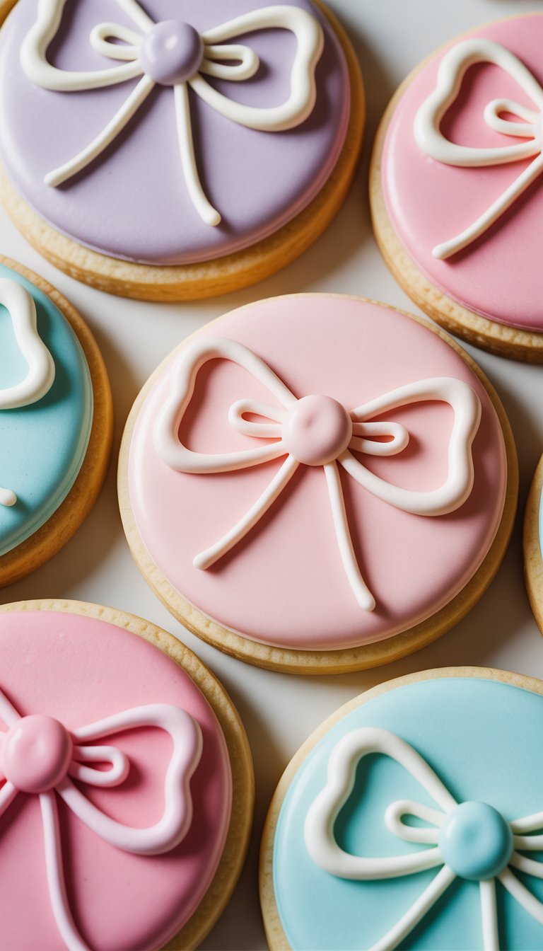 Close-up view of several pastel-colored decorated sugar cookies with bow designs on a clean background.