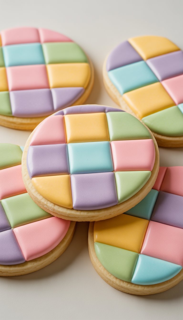 Close-up view of several pastel-colored checkerboard decorated sugar cookies arranged on a clean surface.