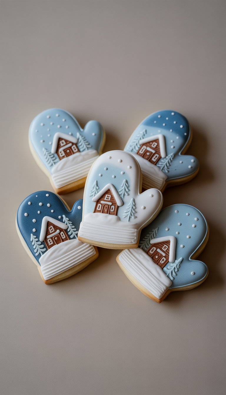 Closeup of several mitten-shaped sugar cookies decorated with winter cabin and snow-themed designs on a clean background.