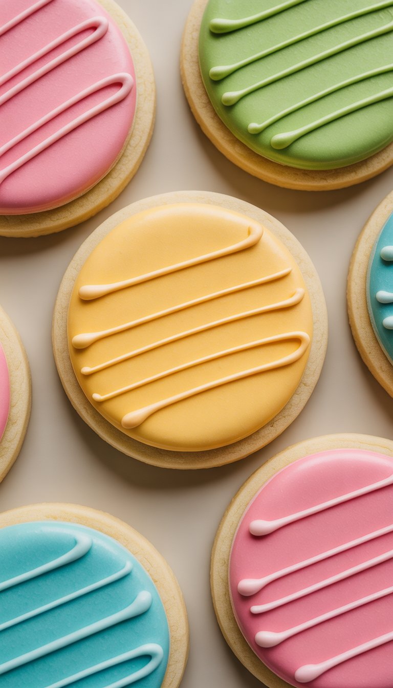 Closeup of several decorated sugar cookies with pastel stripe patterns arranged on a clean surface.