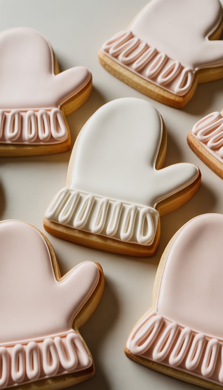 Close-up view of several mitten-shaped sugar cookies decorated with layered ruffles on the cuffs, arranged on a plain surface.