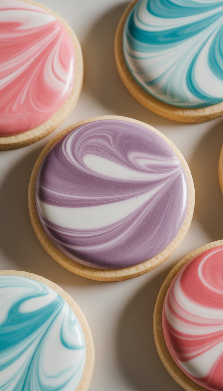 Close-up view of several sugar cookies decorated with marbled royal icing, arranged on a clean surface.