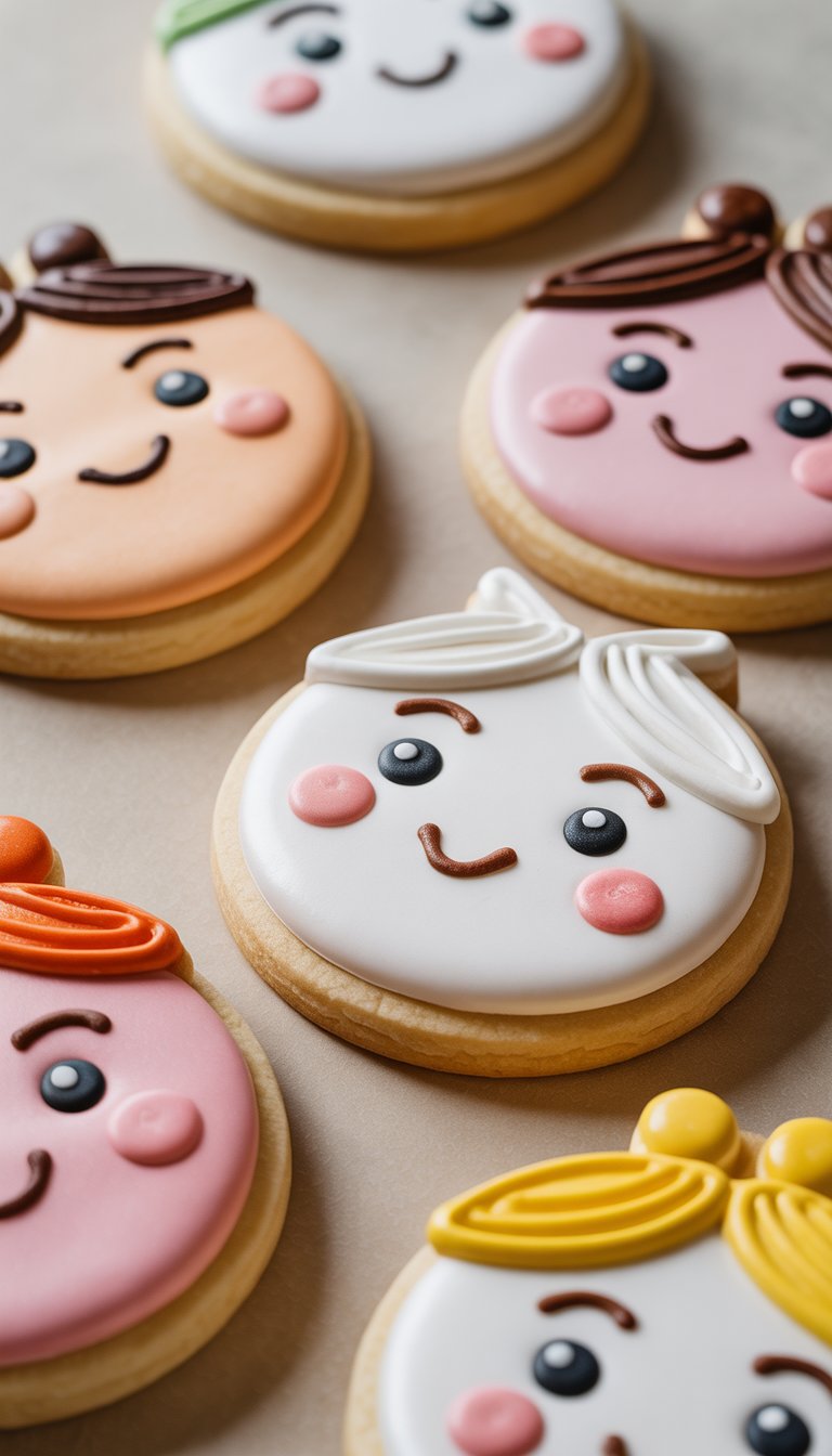 Close-up view of several decorated sugar cookies with cute faces and expressions arranged on a clean background.