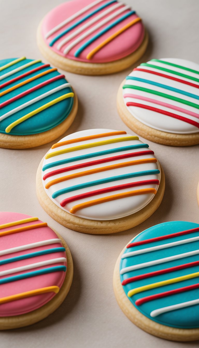 Close-up view of several decorated sugar cookies with colorful striped icing patterns arranged neatly on a clean surface.