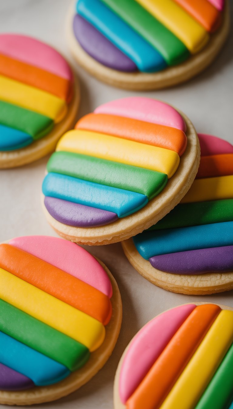 Closeup of several colorful sugar cookies decorated with detailed icing on a clean background.