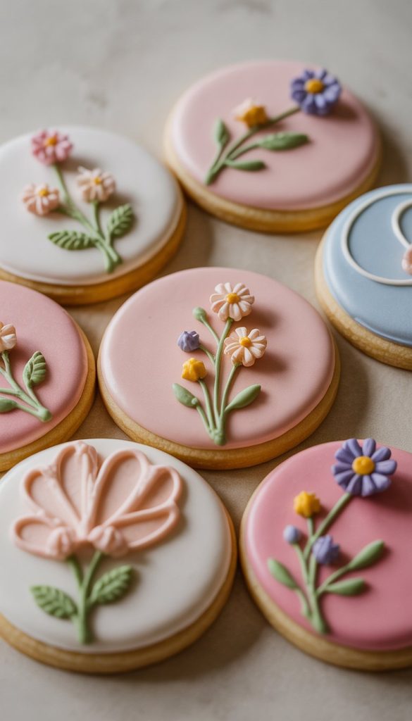 Assorted round cookies with colorful icing, decorated with intricate flower designs in pastel colors such as pink, blue, and white.