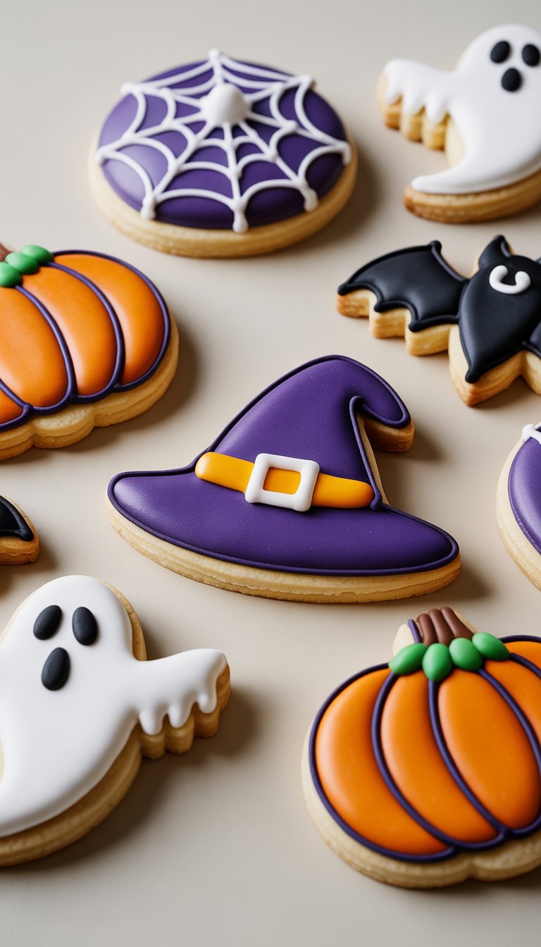 Close-up of several Halloween sugar cookies decorated with pumpkins, ghosts, bats, and spider webs on a plain background.
