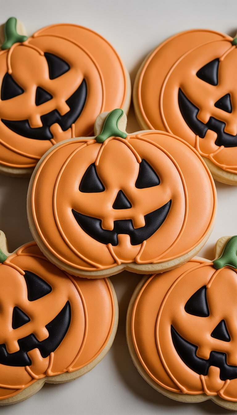 Closeup of several pumpkin-shaped sugar cookies decorated with jack-o'-lantern faces on a clean background.