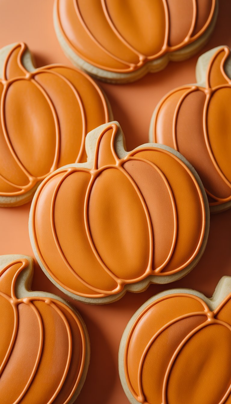 Closeup of several pumpkin-shaped sugar cookies decorated with orange icing on a plain background.