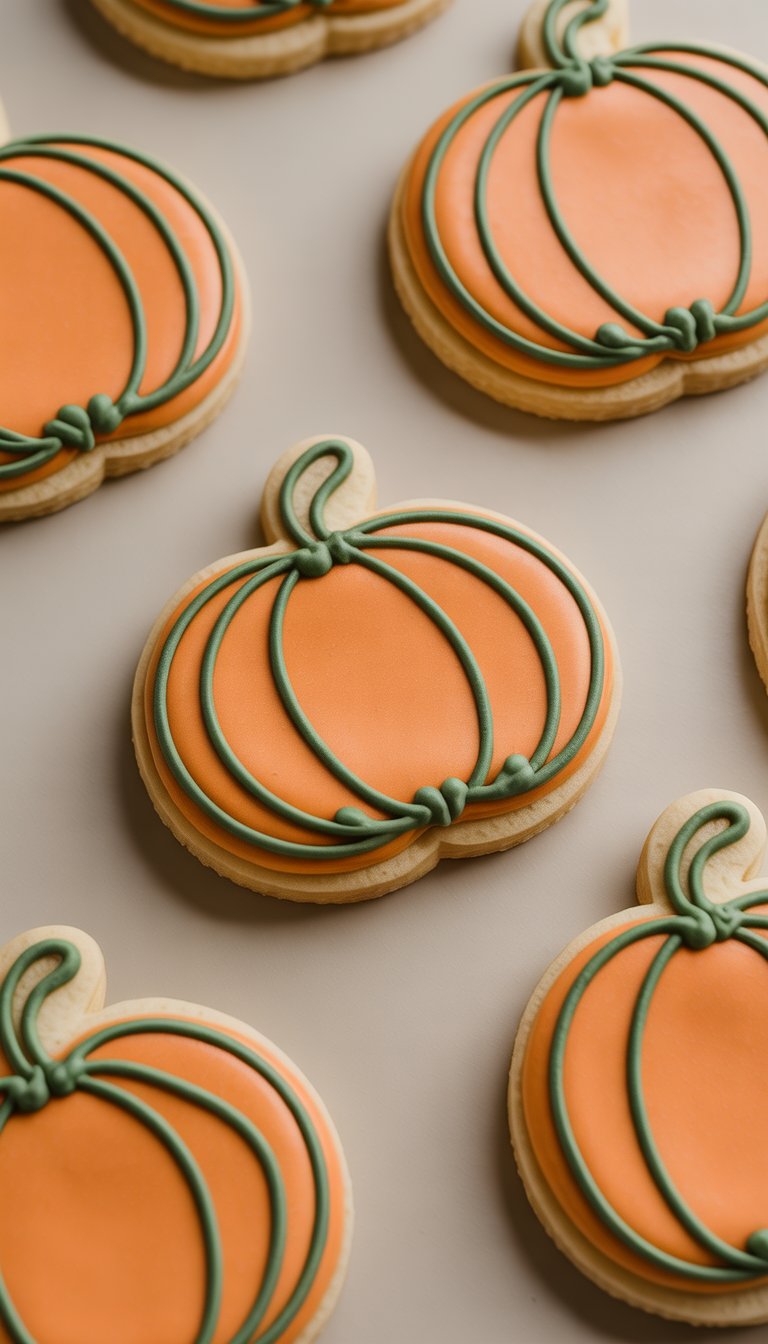 Close-up of several sugar cookies with orange icing and green vine decorations on a clean background.