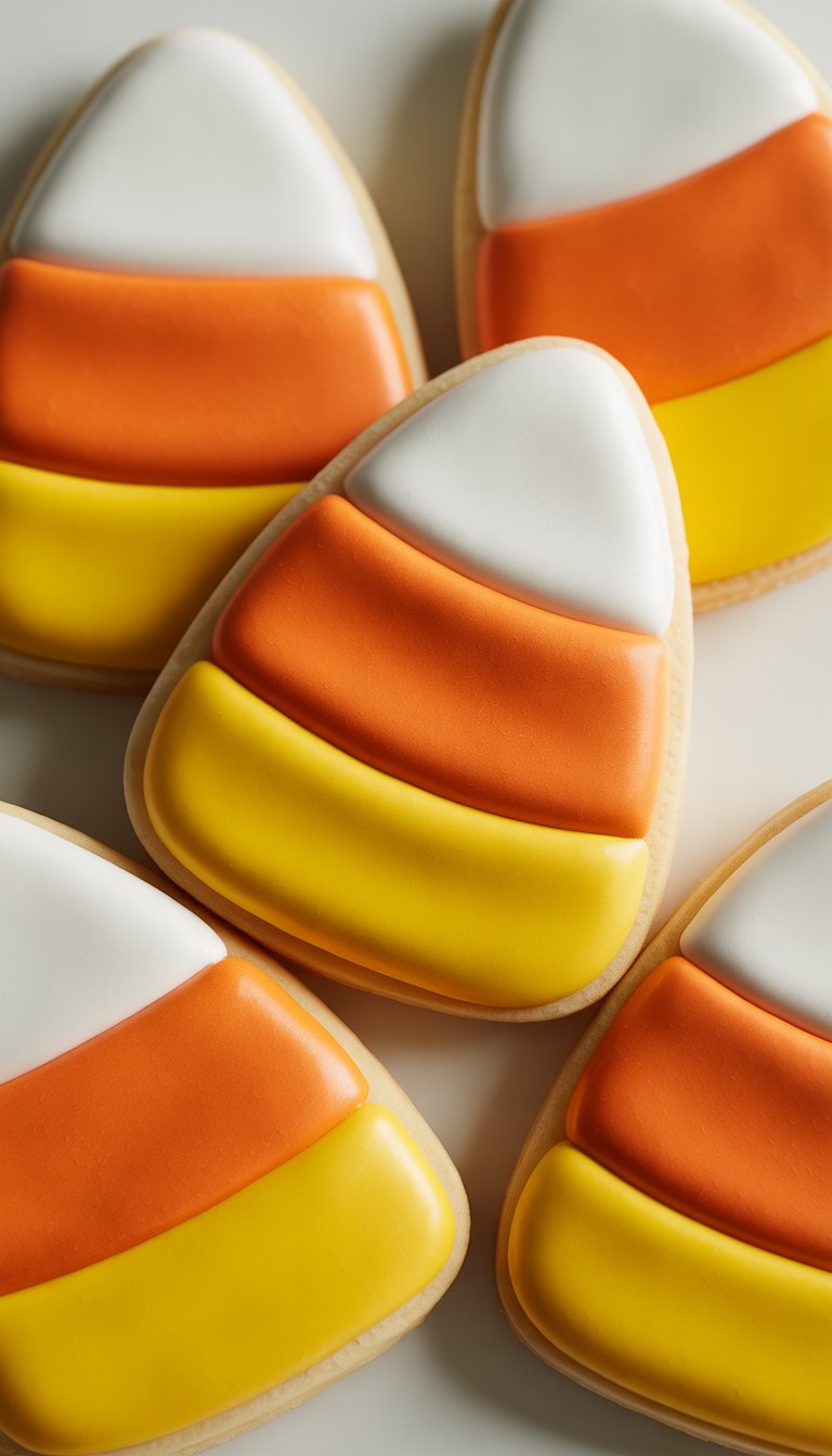 Close-up of several candy corn shaped sugar cookies decorated with white, orange, and yellow icing on a clean background.