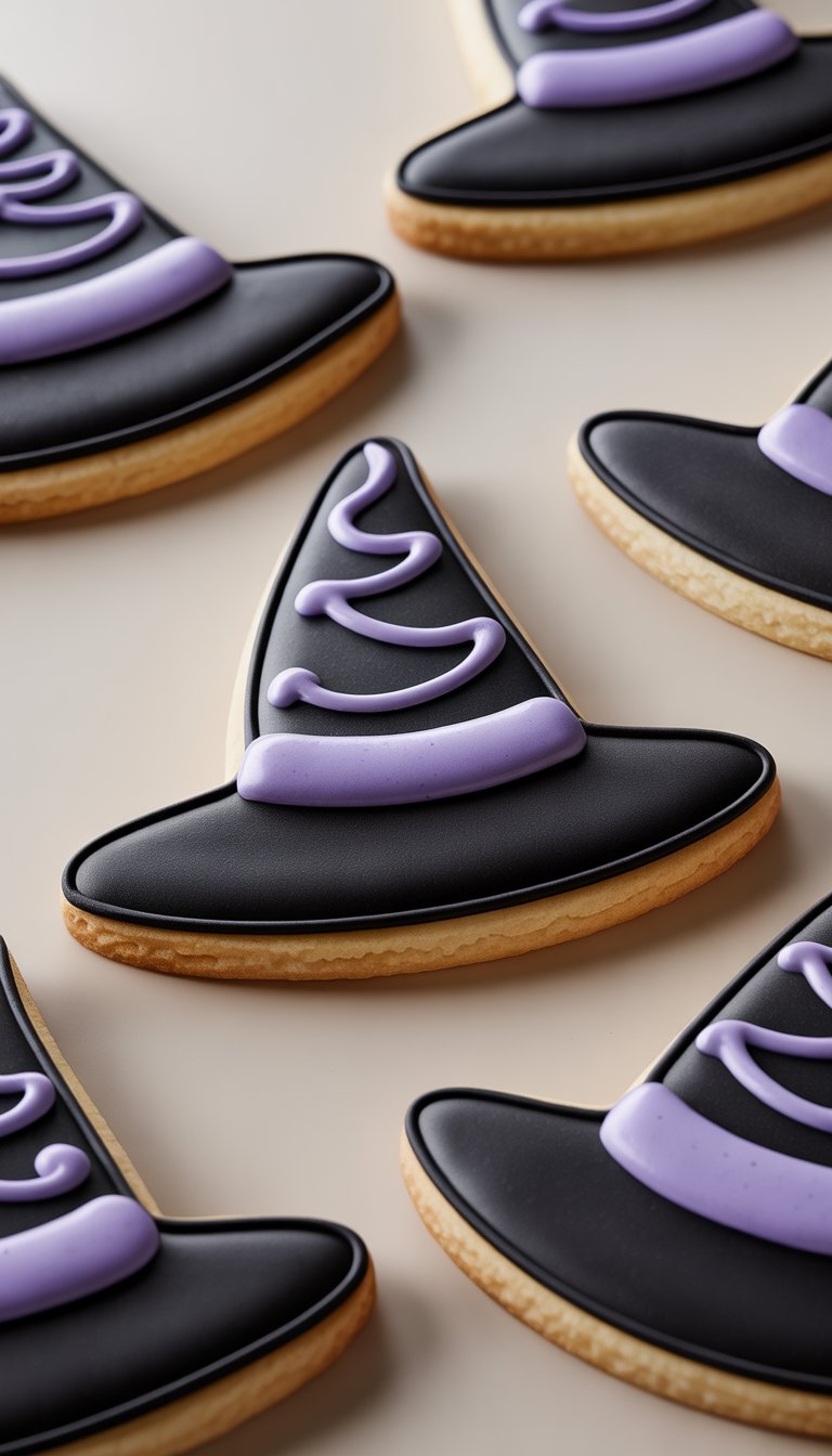 Close-up view of several witch hat sugar cookies decorated with black and purple icing on a plain background.