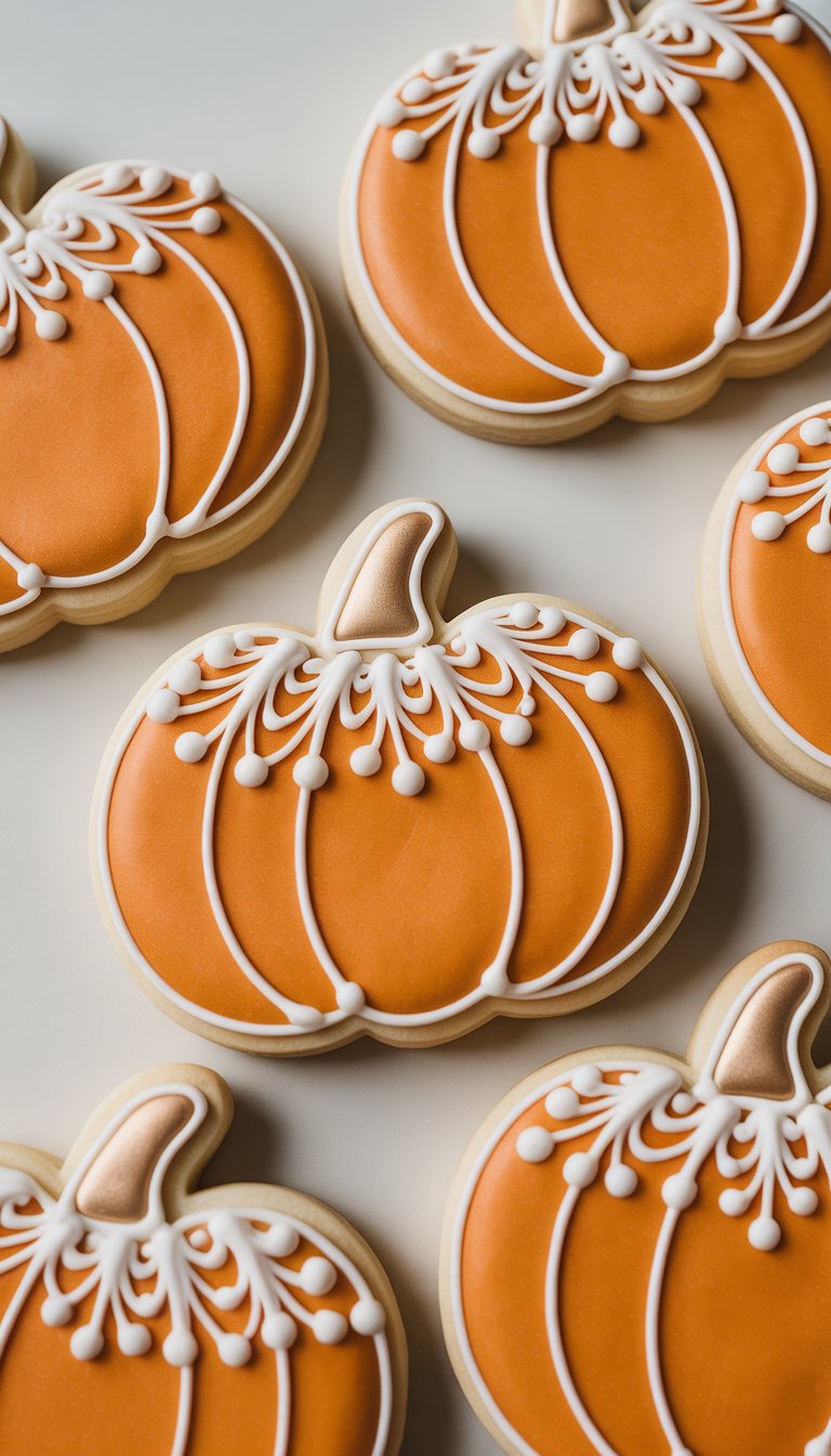 Close-up view of several pumpkin-shaped sugar cookies decorated with white lace patterns on a clean background.