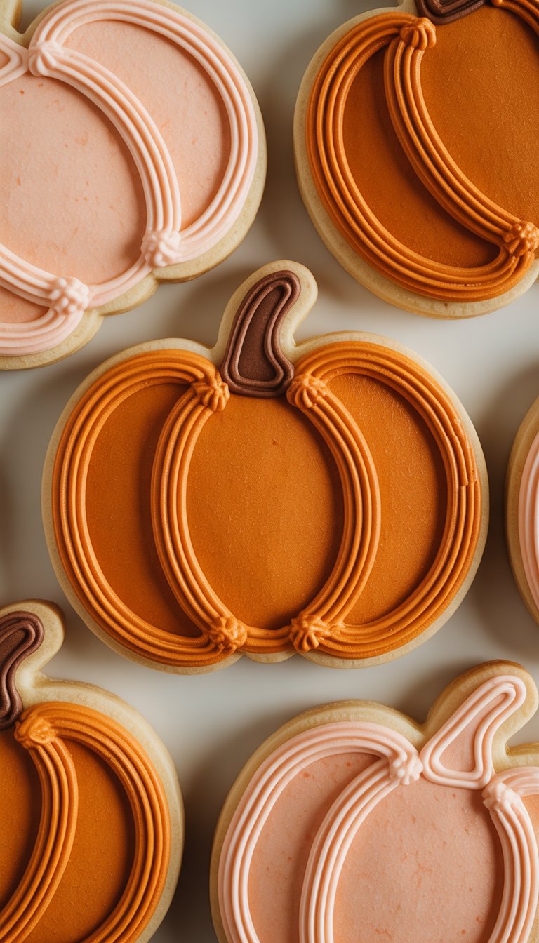 Closeup of several pumpkin-shaped sugar cookies decorated with textured buttercream swirls and royal icing details on a clean background.