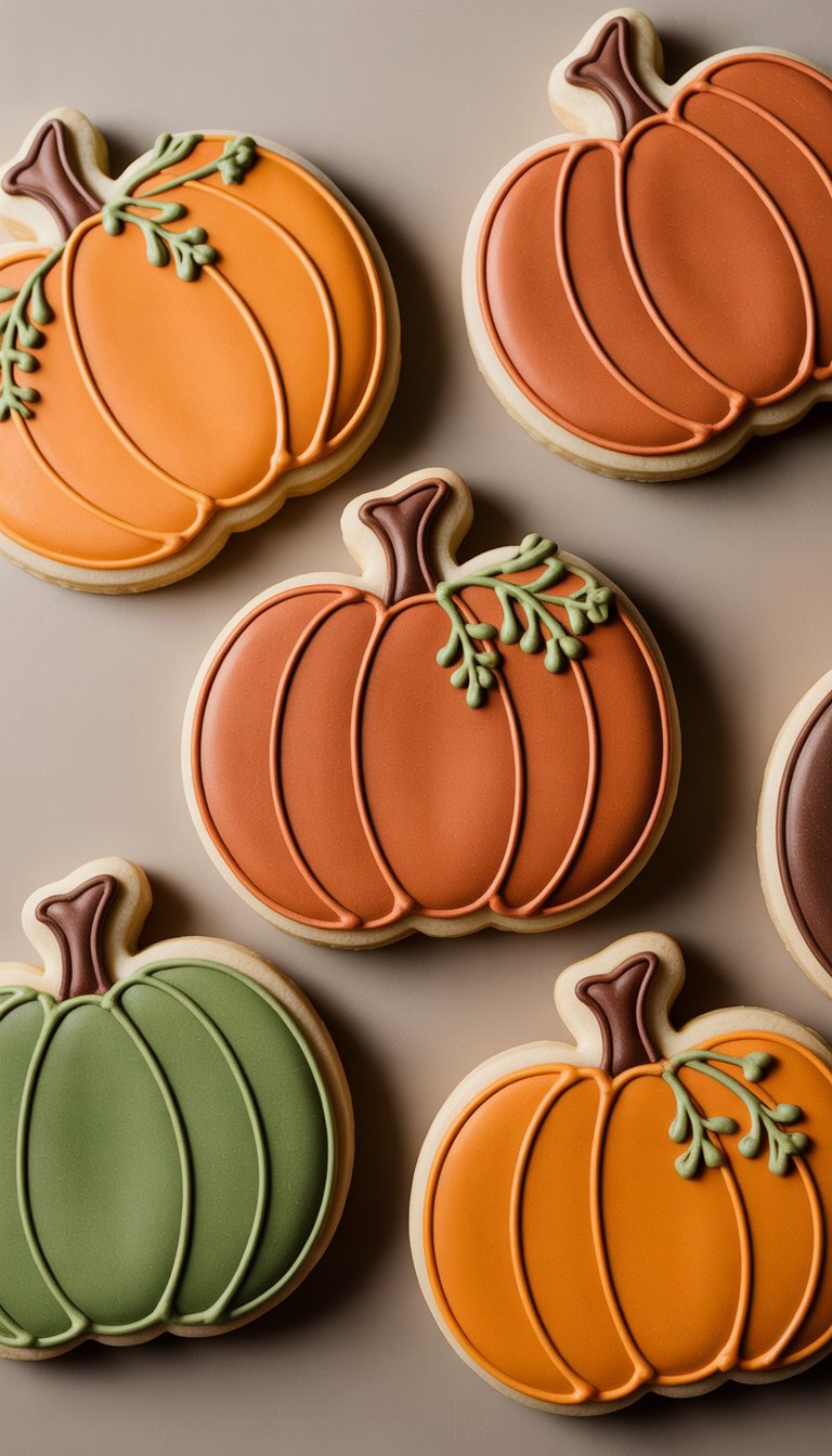 Closeup of several decorated pumpkin-shaped sugar cookies with detailed icing on a clean background.
