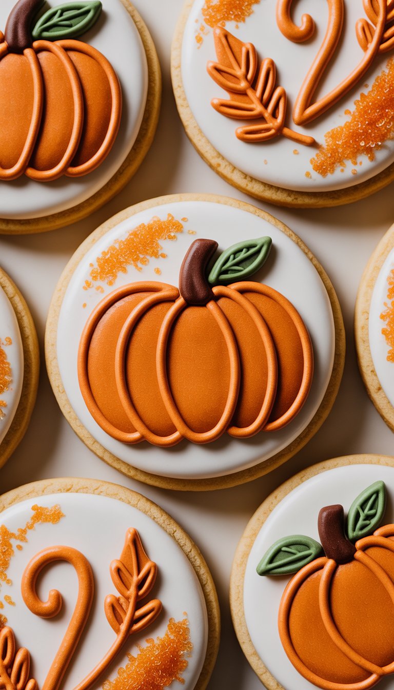 Closeup of several pumpkin spice snickerdoodle cookies decorated with orange sugar and royal icing on a clean background.