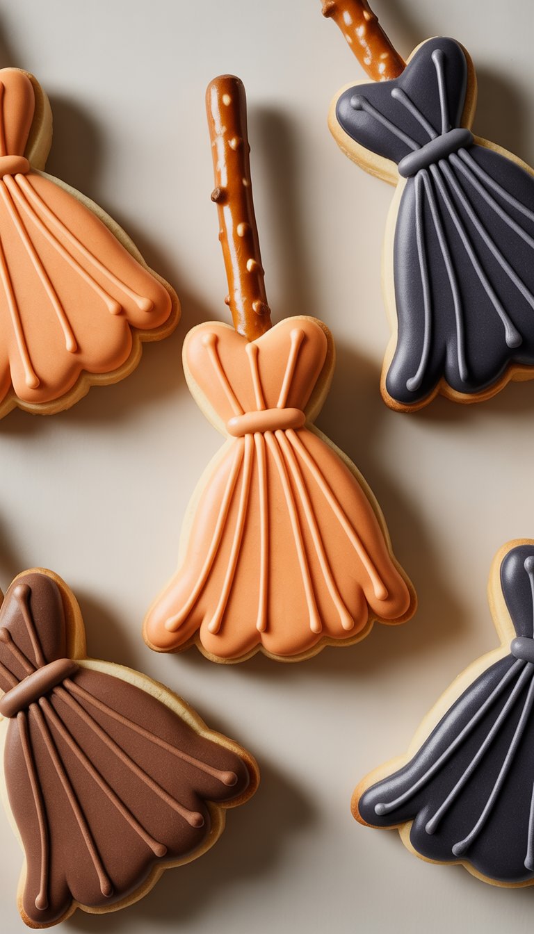 Close-up of several witch broomstick sugar cookies with pretzel handles arranged on a clean surface.