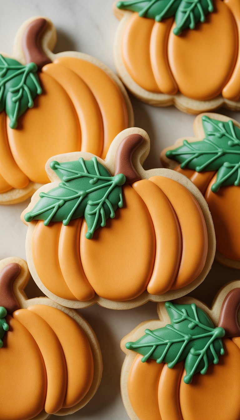 Close-up of several pumpkin-shaped sugar cookies decorated with orange and green icing on a clean background.