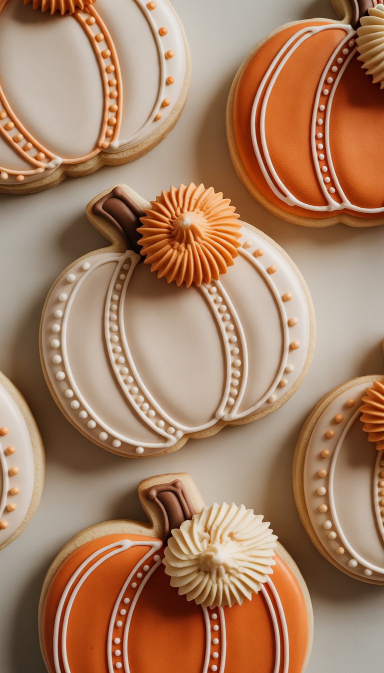 Closeup of several pumpkin-shaped sugar cookies decorated with detailed icing on a clean background.