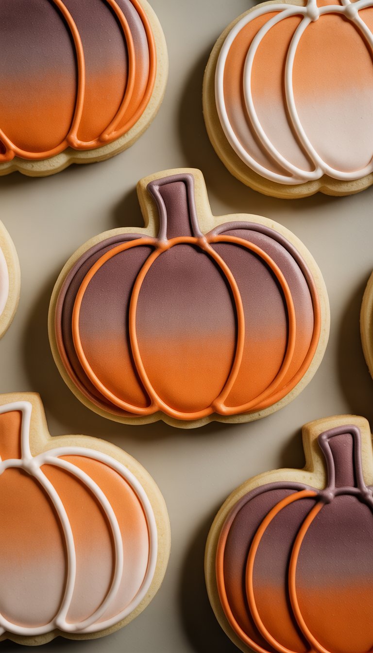 Closeup of several pumpkin-shaped sugar cookies decorated with orange ombré icing on a clean background.