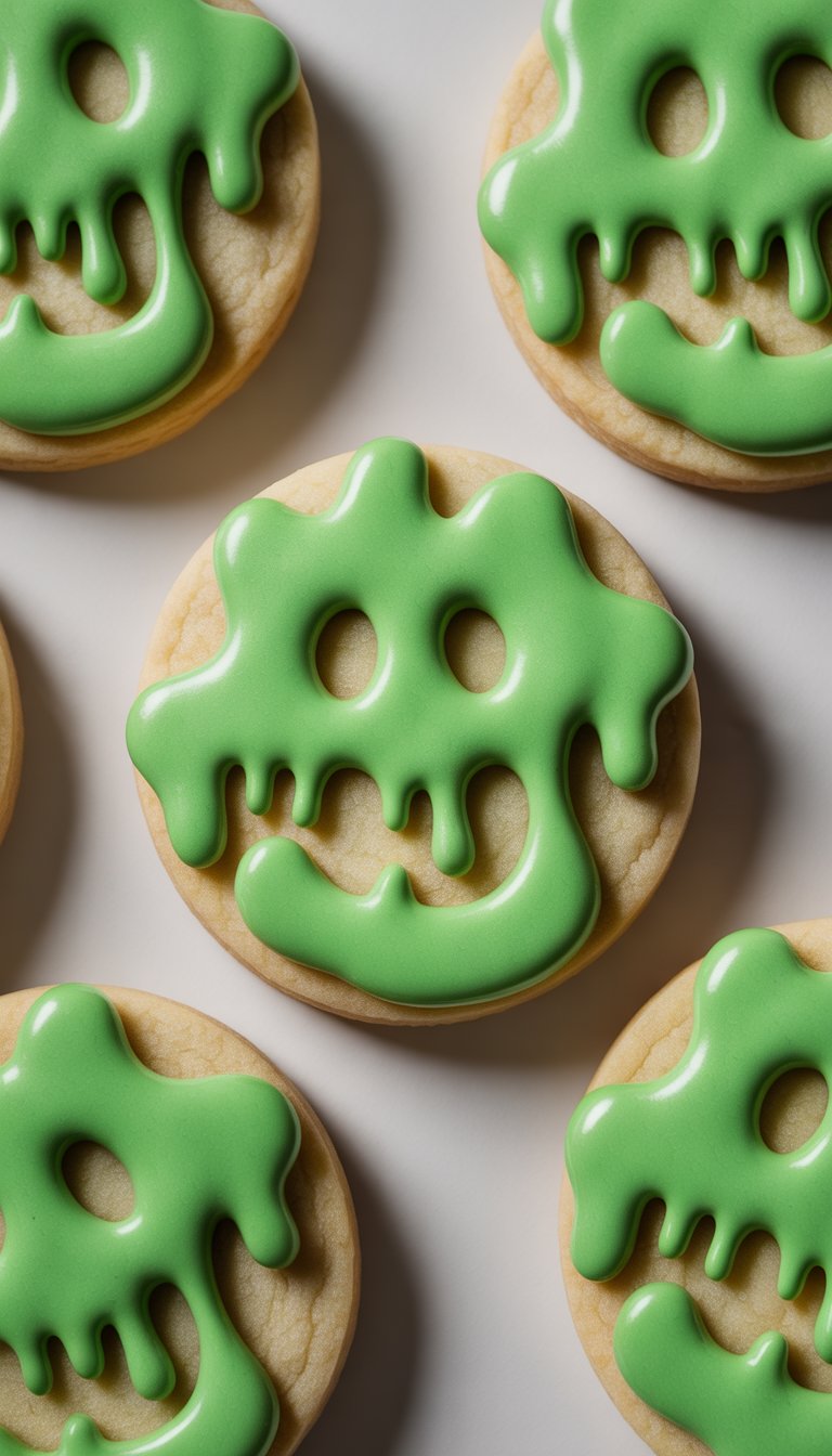 Closeup of several green slime-covered sugar cookies arranged on a clean surface.