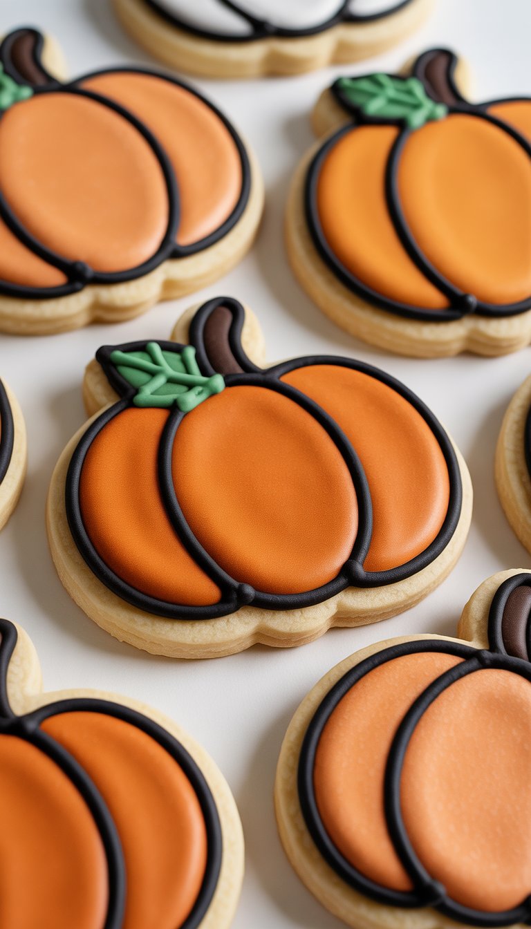 Closeup of several decorated sugar cookies with black outlines, featuring pumpkin and autumn designs on a clean background.