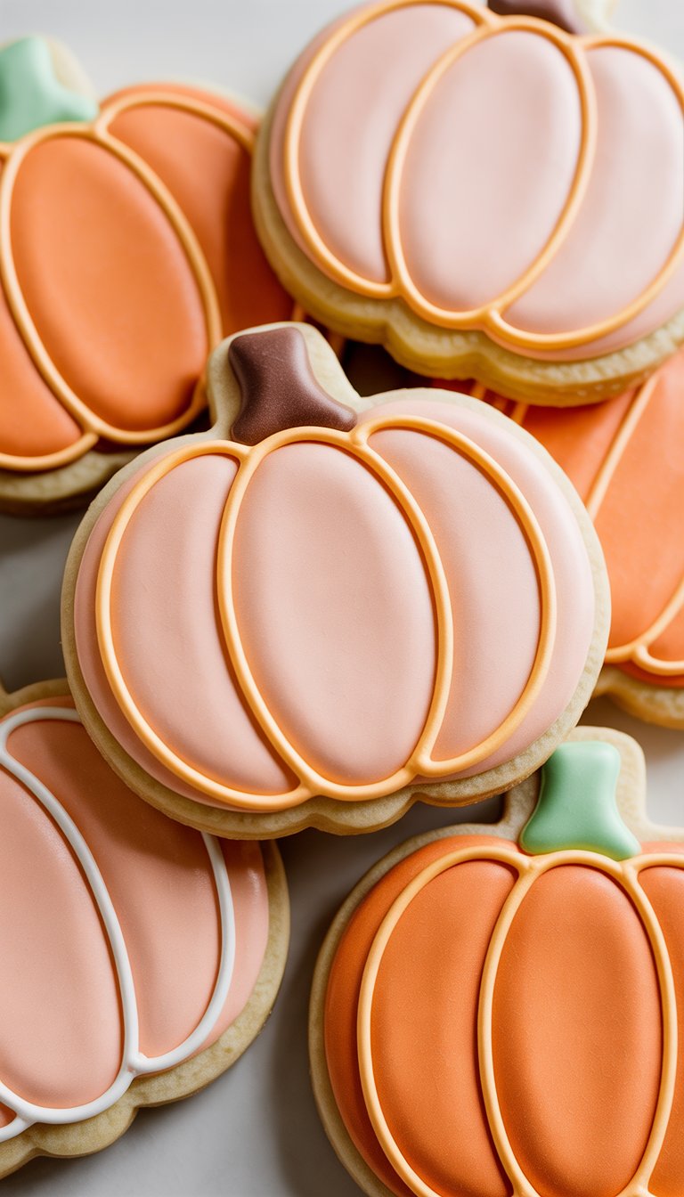 Closeup of several decorated pumpkin-shaped sugar cookies with pastel orange icing on a clean background.