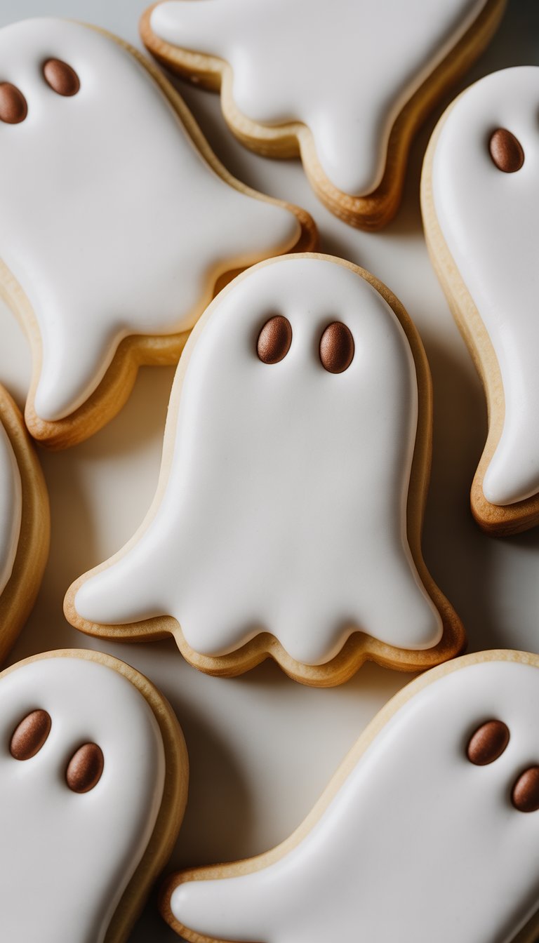 Close-up of several ghost-shaped sugar cookies with two small dot eyes on a clean background.