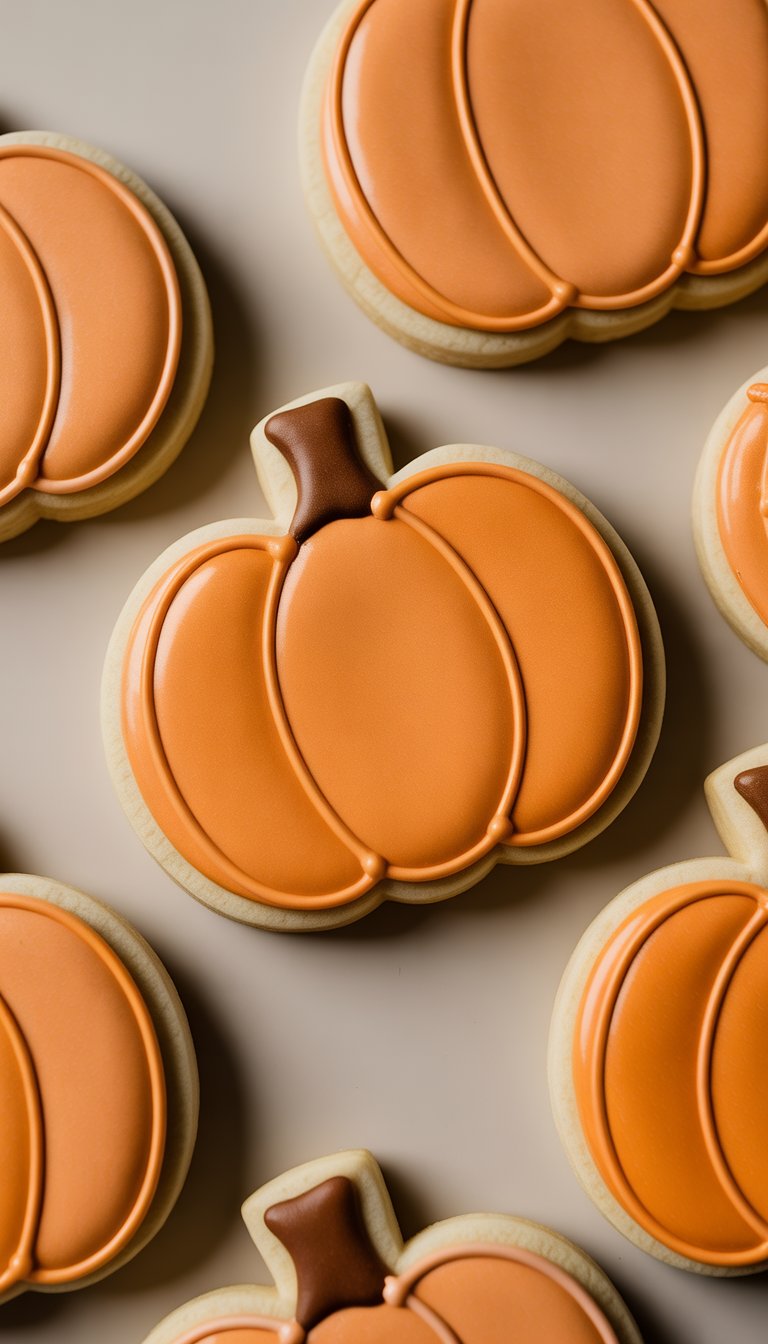 Close-up view of several pumpkin-shaped sugar cookies decorated with glossy icing on a plain background.