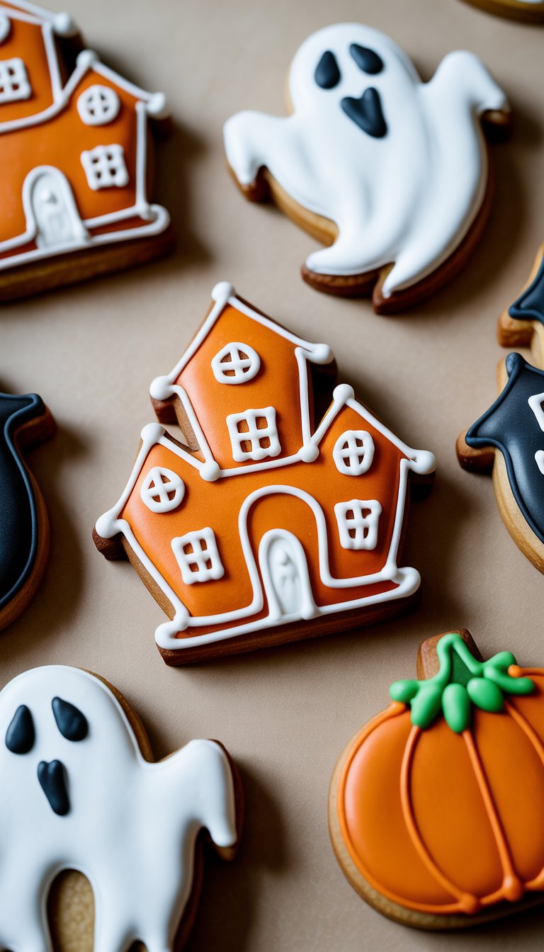 Close-up view of several decorated haunted house and Halloween-themed gingerbread cookies on a plain background.