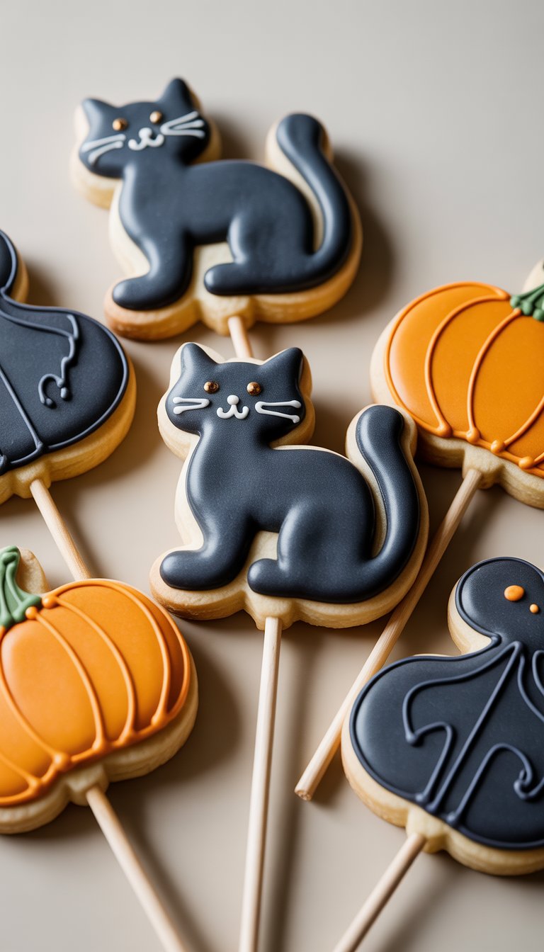 Closeup of several decorated Halloween sugar cookies shaped like black cats and pumpkins on sticks arranged on a clean background.