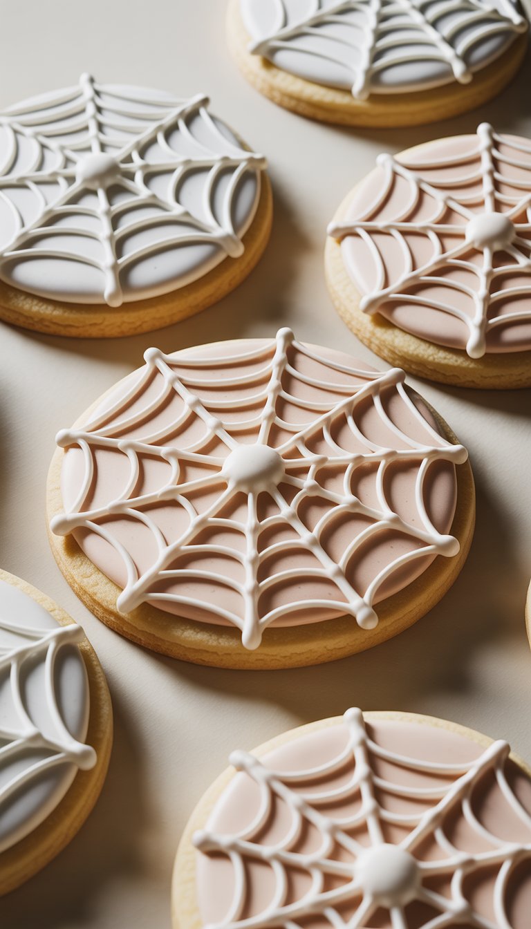 Close-up view of several sugar cookies decorated with spider web icing on a clean background.