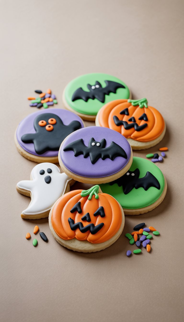 Closeup of several decorated Halloween sugar cookies with colorful icing and themed sprinkles on a clean background.