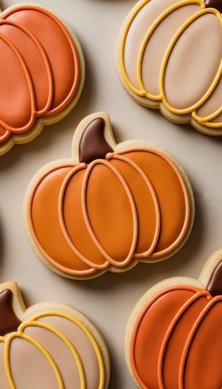 Closeup of several pumpkin-shaped sugar cookies decorated with smooth royal icing and glossy candy coatings on a plain background.