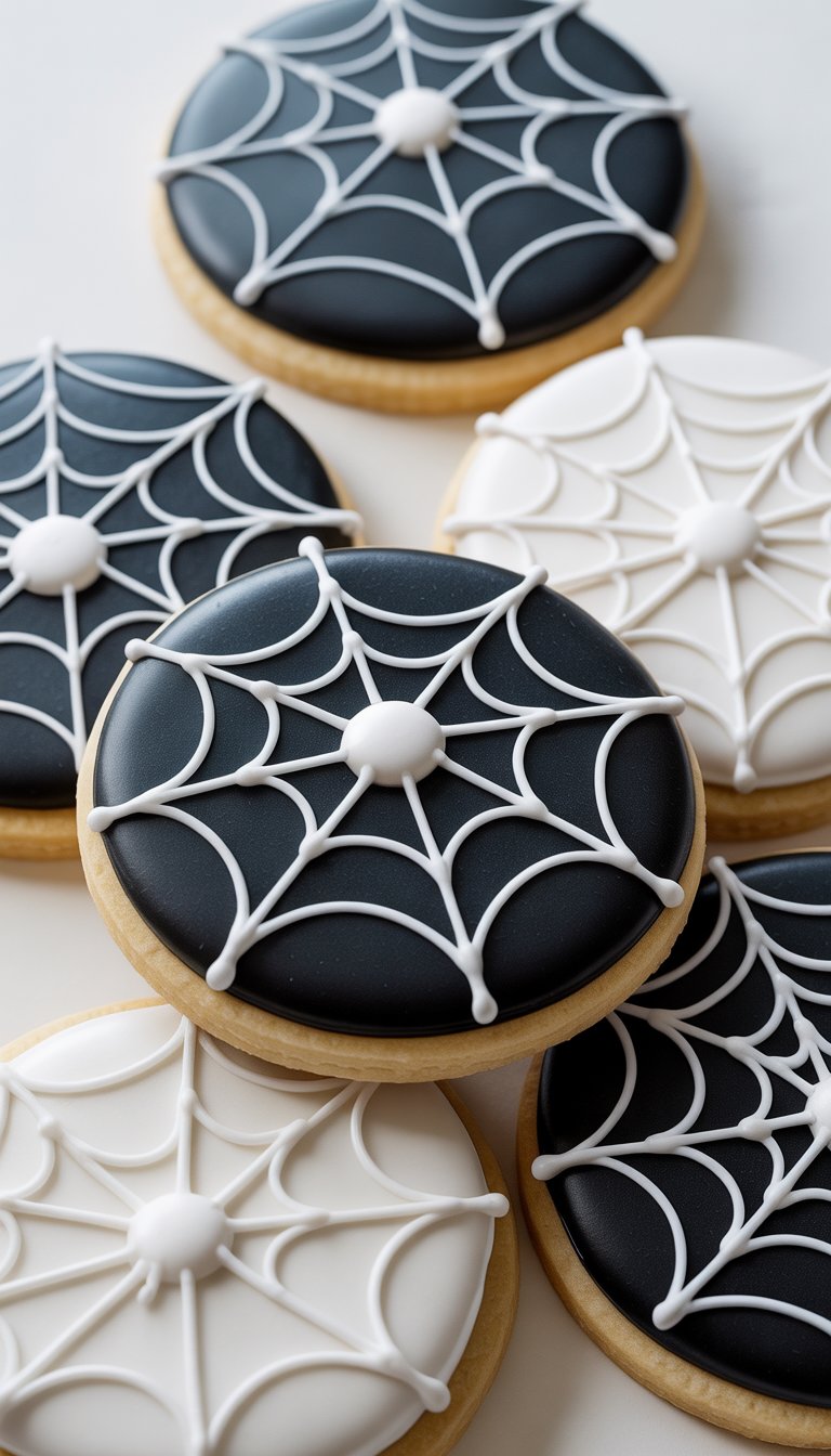 Close-up of several spider web decorated sugar cookies arranged with space between them on a clean surface.