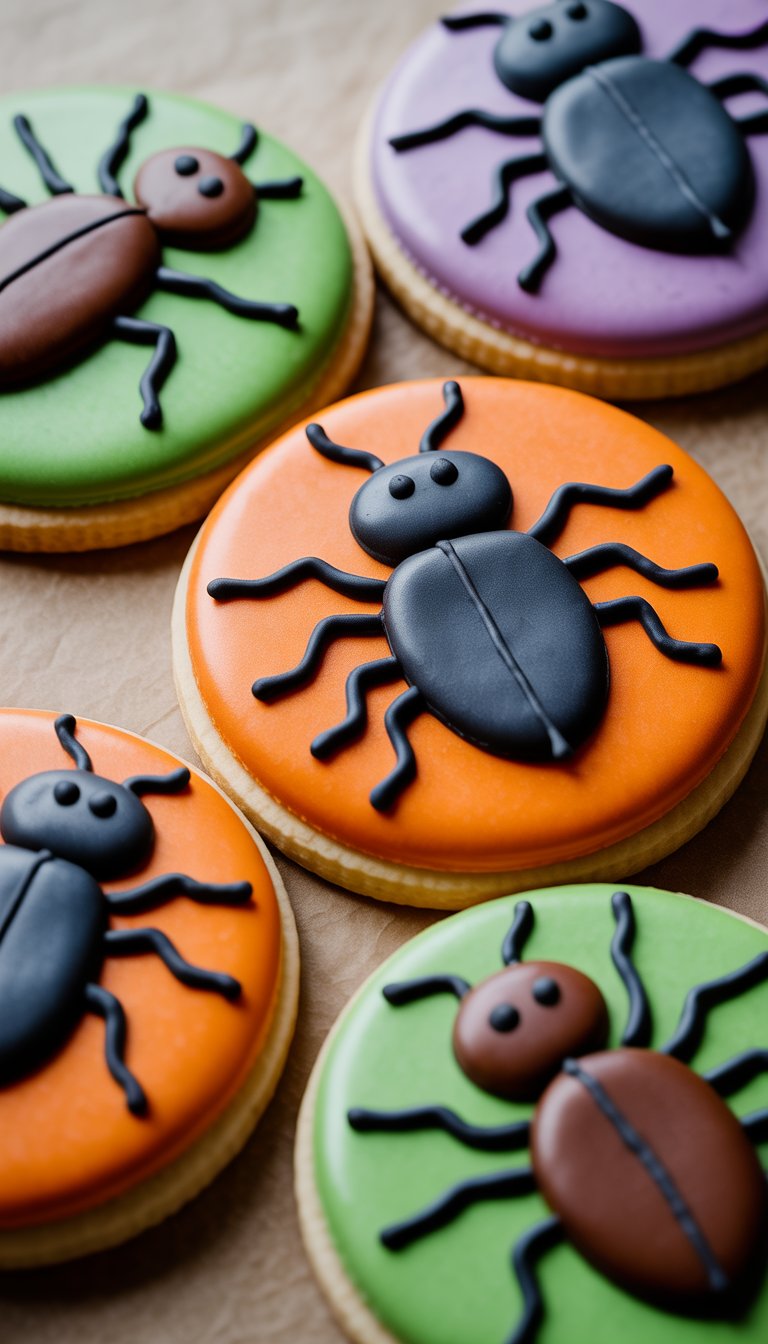 Close-up view of several Halloween sugar cookies decorated as ants and beetles on a clean background.
