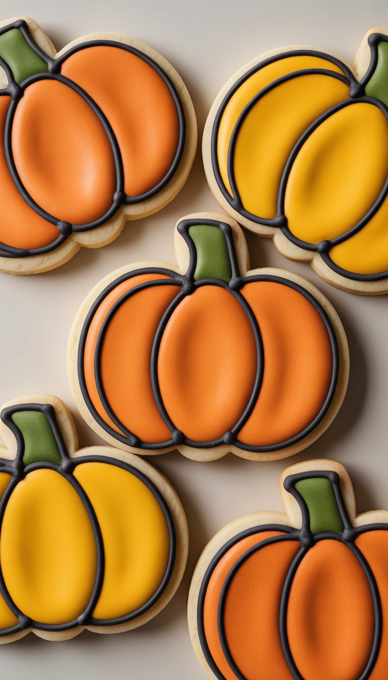 Close-up of several brightly decorated pumpkin-shaped sugar cookies with bold black outlines on a clean background.