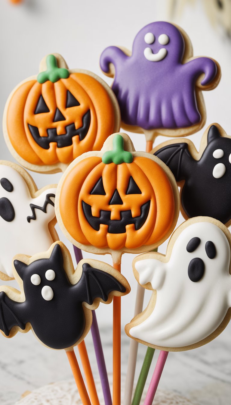 Close-up view of several Halloween-themed sugar cookie pops on colorful sticks, decorated with pumpkin, ghost, and bat designs.