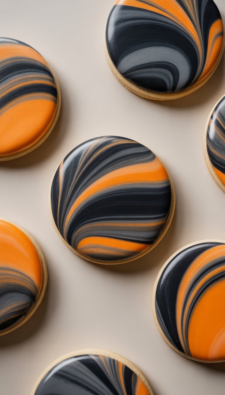 Closeup of several marbled black and orange sugar cookies arranged on a clean surface.