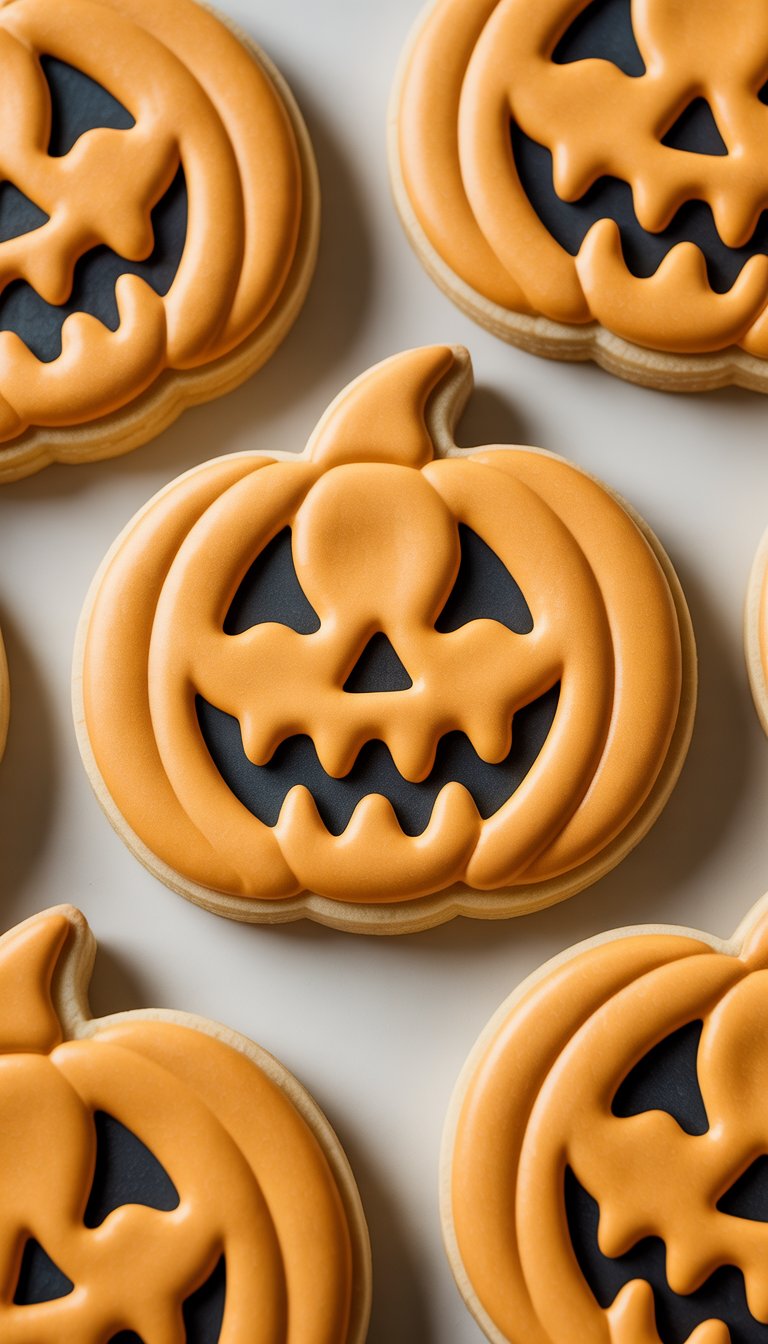 Close-up of several Halloween pumpkin-shaped sugar cookies with jagged smiles arranged on a clean surface.